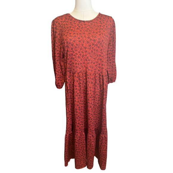 2/$30 Zara M Red & Black Floral Peasant Print Midi Dress - Picture 1 of 13